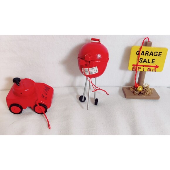 Vintage Christmas Ornament Lot BBQ Grill, Lawn Mower, Garage Sale Sign Pre Owned - Picture 2 of 16